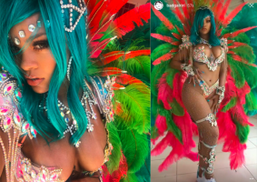 Rihanna smolders in sexy, beaded bikini and feathers at Crop Over Festival in Barbados