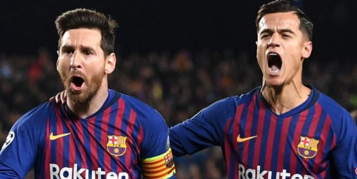 lionel messi and philippe coutinho TNE Barcelona Reach Champions League Semi-finals with Messi Exhibition against Manchester United