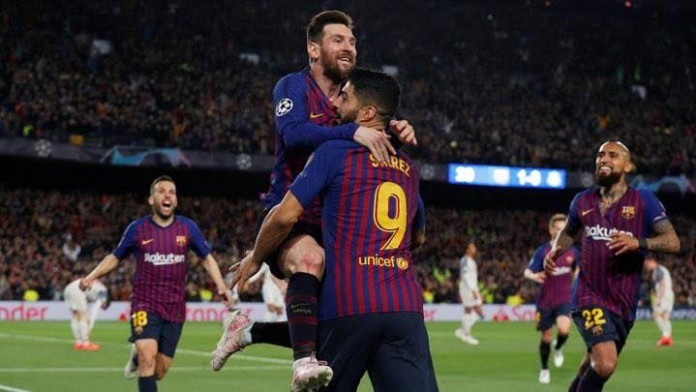 Messi and Suarez Celebrate goals Barcelona Beat Liverpool 3-0 in Champions League Semi-final First Leg