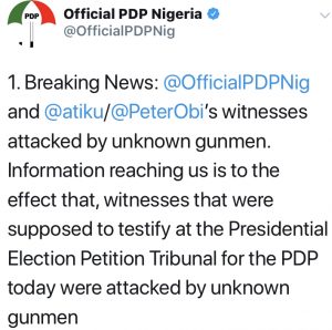 Presidential Election Petition Tribunal: PDP, Atiku’s Witnesses Attacked by Unknown Gunmen, PDP