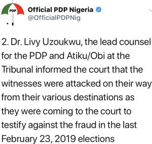 Presidential Election Petition Tribunal: PDP, Atiku’s Witnesses Attacked by Unknown Gunmen, PDP