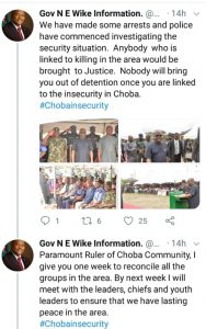 Gov. Wike Reads Riot Act to Warring Groups in Choba Community