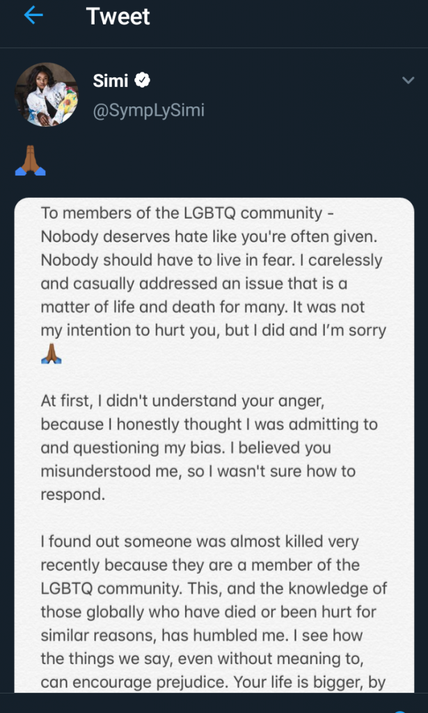 Simi Apologizes To LGBTQ Community Over Homophobic Comments