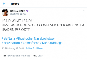 BBNAIJA 2020: Evicted Housemate, Ka3na Mocks Nengi